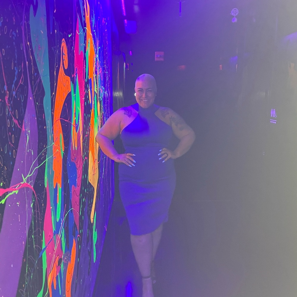 High neck open shoulder scuba knit dress with large bow in the back